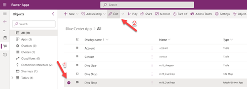 Screenshot of Power Apps with the model-driven app selected and the Edit button highlighted.