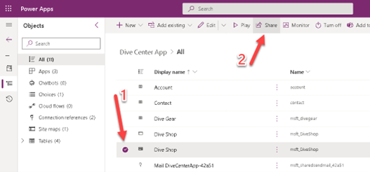 Screenshot of Power Apps, showing the model-driven app selected and the Share option highlighted.