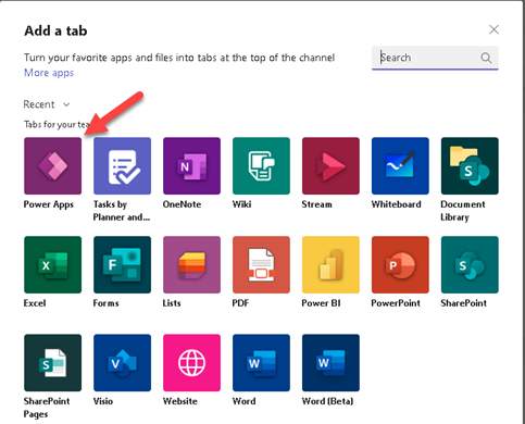 Screenshot of the Add a tab dialog with the Power Apps tab highlighted.