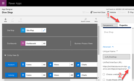 Screenshot of Power Apps, showing the Properties tab selected and the Unified Interface U R L highlighted.