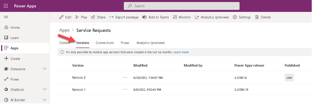 Screenshot of Power Apps, showing the Apps page on the Versions tab.