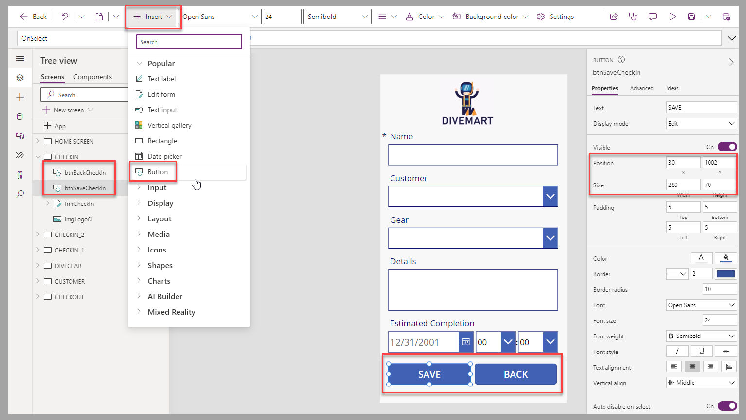 Screenshot of the canvas app studio. Focus is on the Button controls and the properties for the controls.