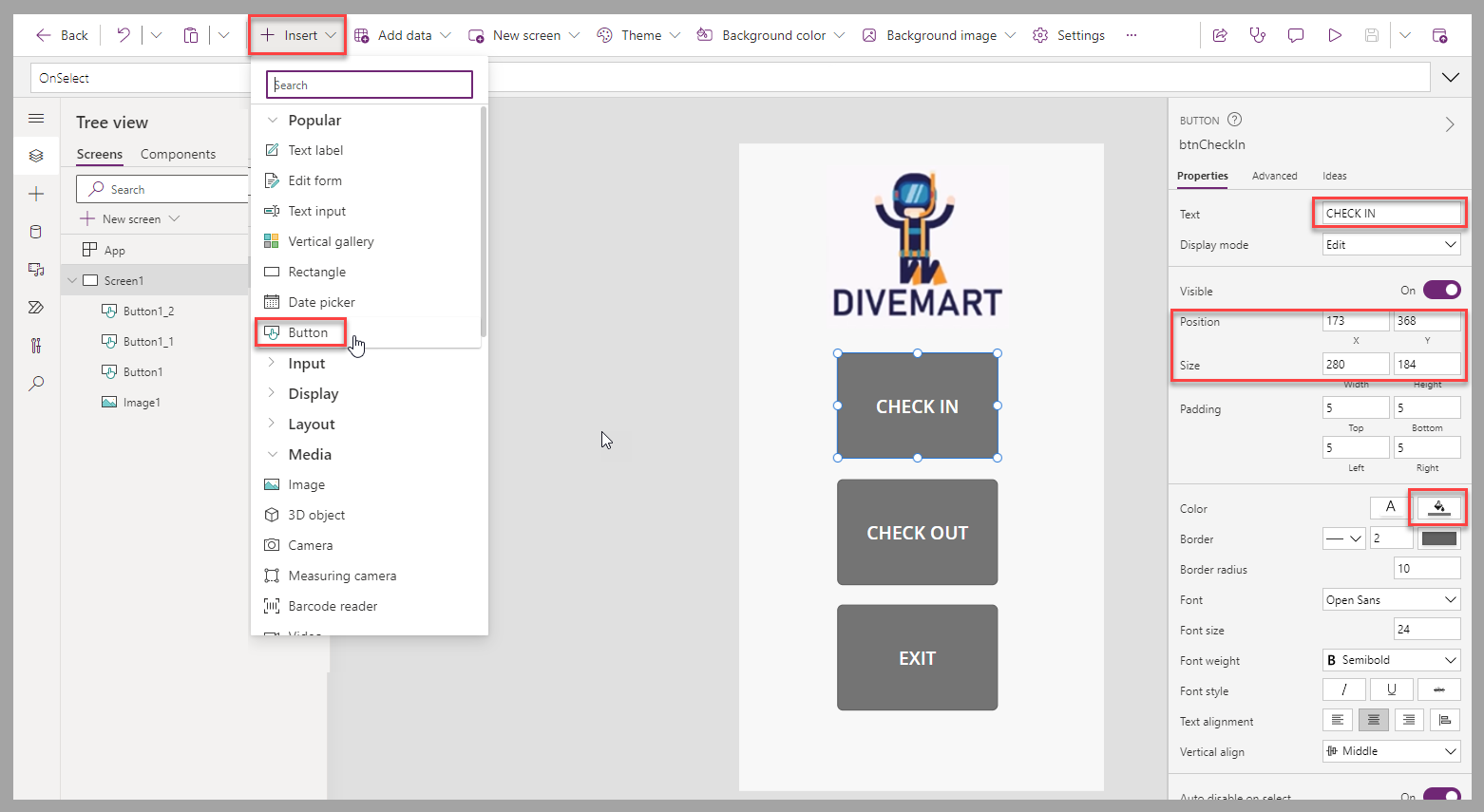 Screenshot of the canvas app studio. Focus is on the Button control and the properties for the control.