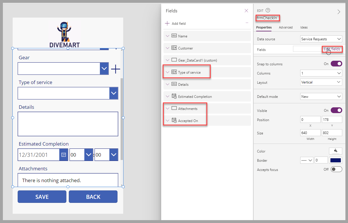 Screenshot of the canvas app studio. Focus is on fields for a form.