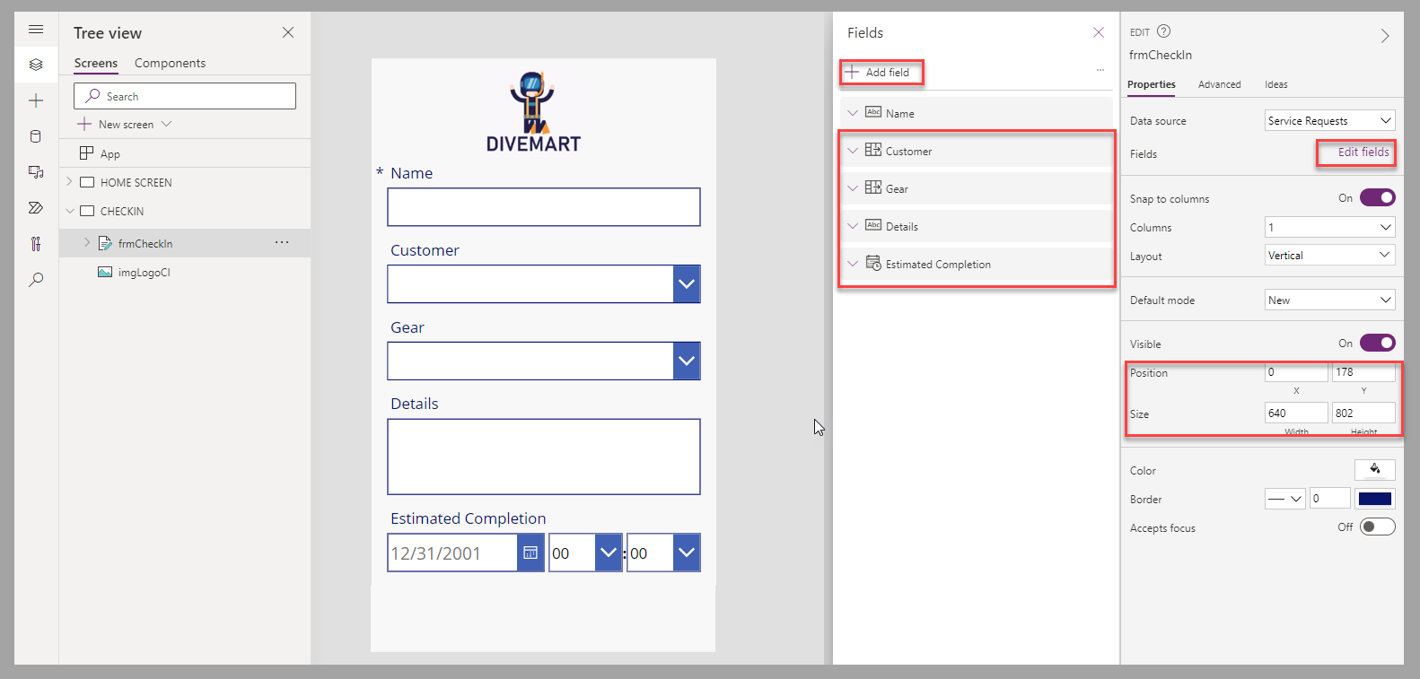 Screenshot of the canvas app studio. Focus is on the Add field option for a form control.