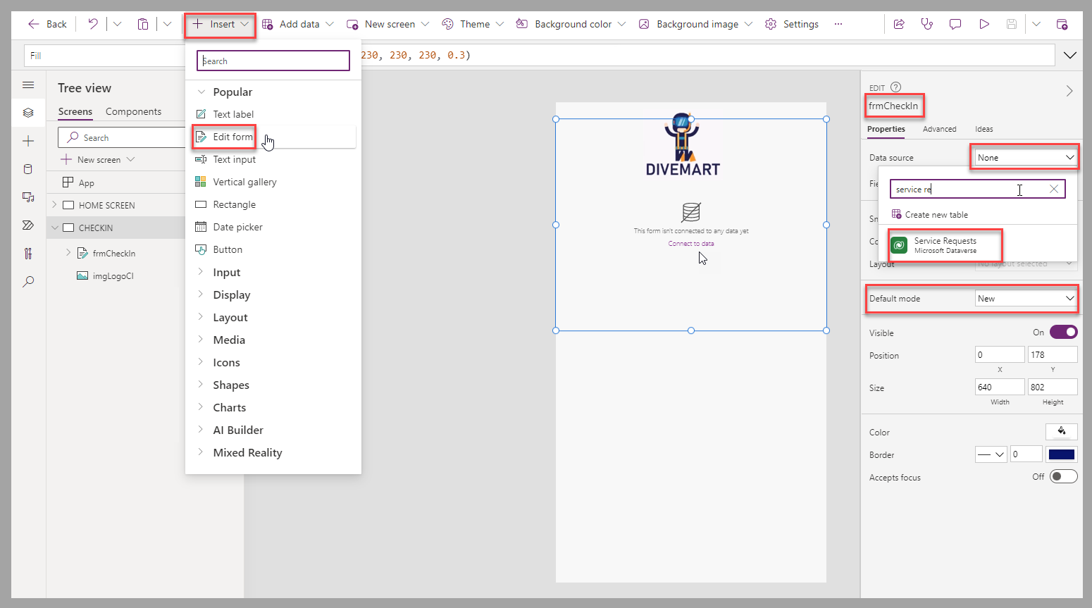Screenshot of the canvas app studio. Focus is on the Edit form and data source property for the control.