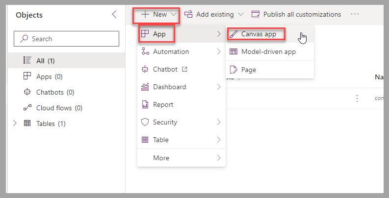 Screenshot of a Dataverse solution. Focus is on New Canvas app menu option.