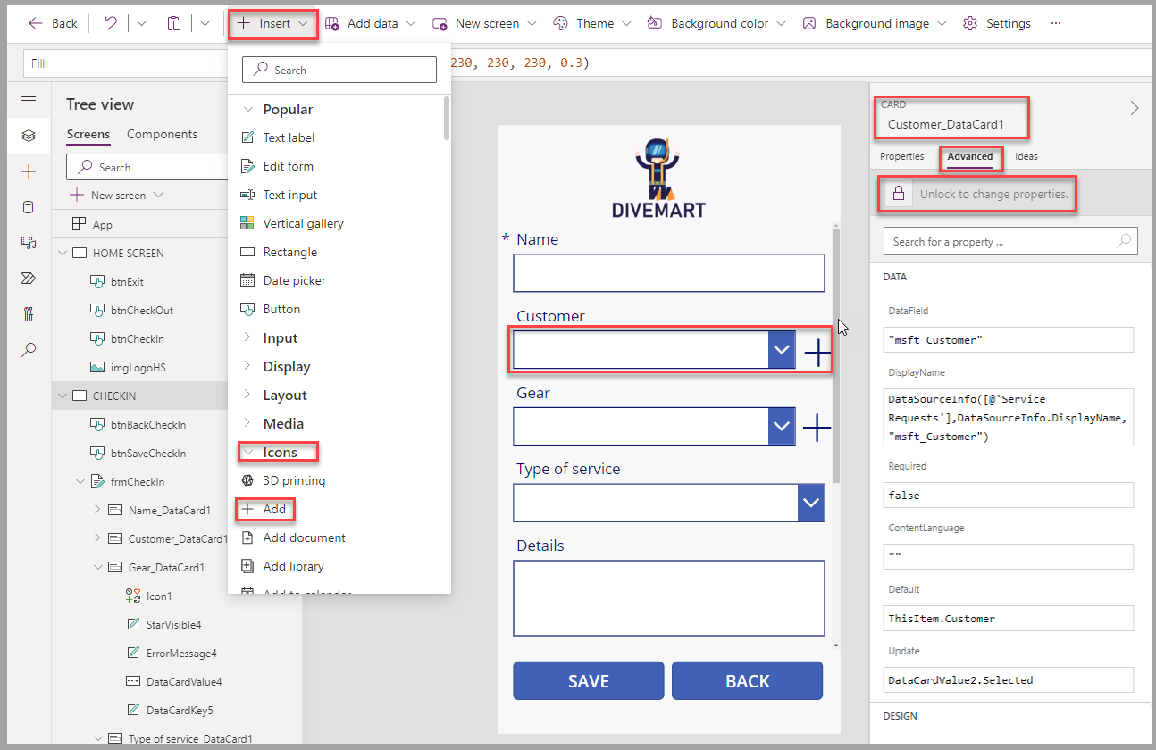 Screenshot of the canvas app studio. Focus is on the Icons control and the properties of that control.