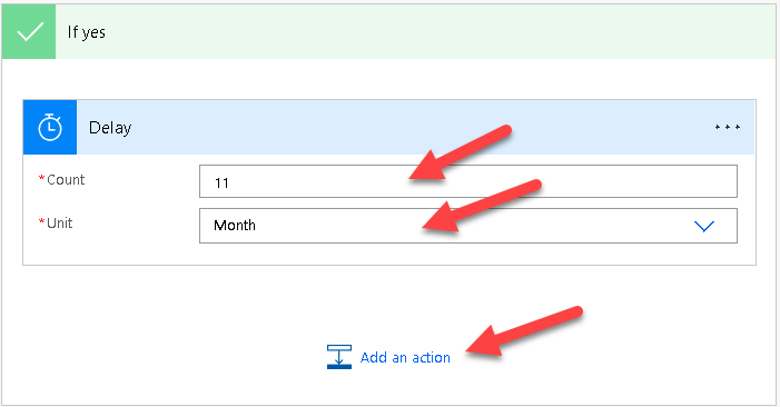 Screenshot of the Delay menu, showing the Add an action option.