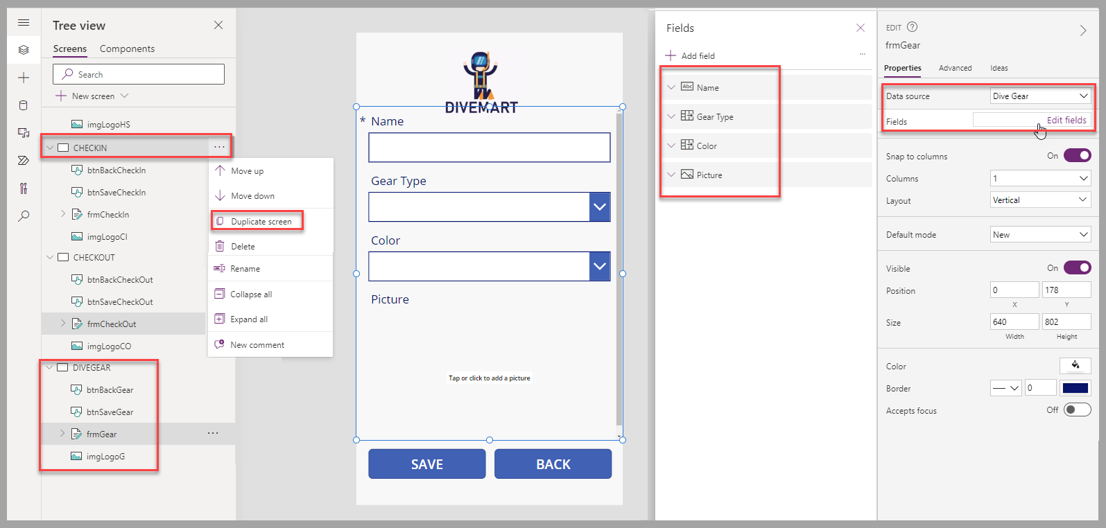 Screenshot of the canvas app studio. Focus is on the properties for the form control and the renamed components of the screen.