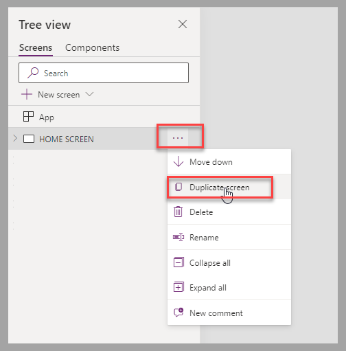 Screenshot of the canvas app studio. Focus is on the Duplicate screen option.