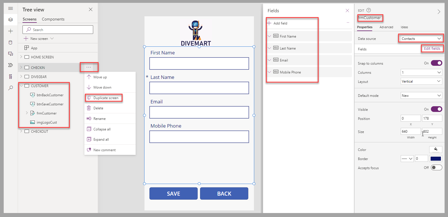 Screenshot of the canvas app studio. Focus is on the properties of the form control and the renamed components of the screen.