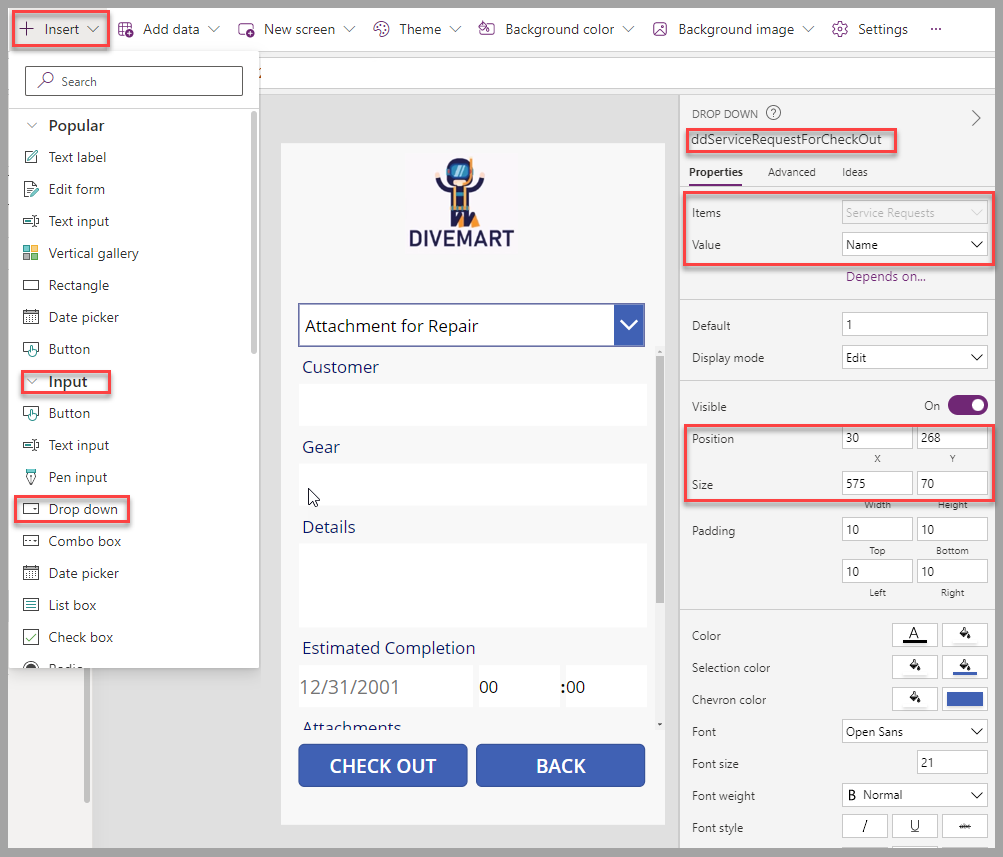 Screenshot of the canvas app studio. Focus is on the Drop down control and the properties of the control.
