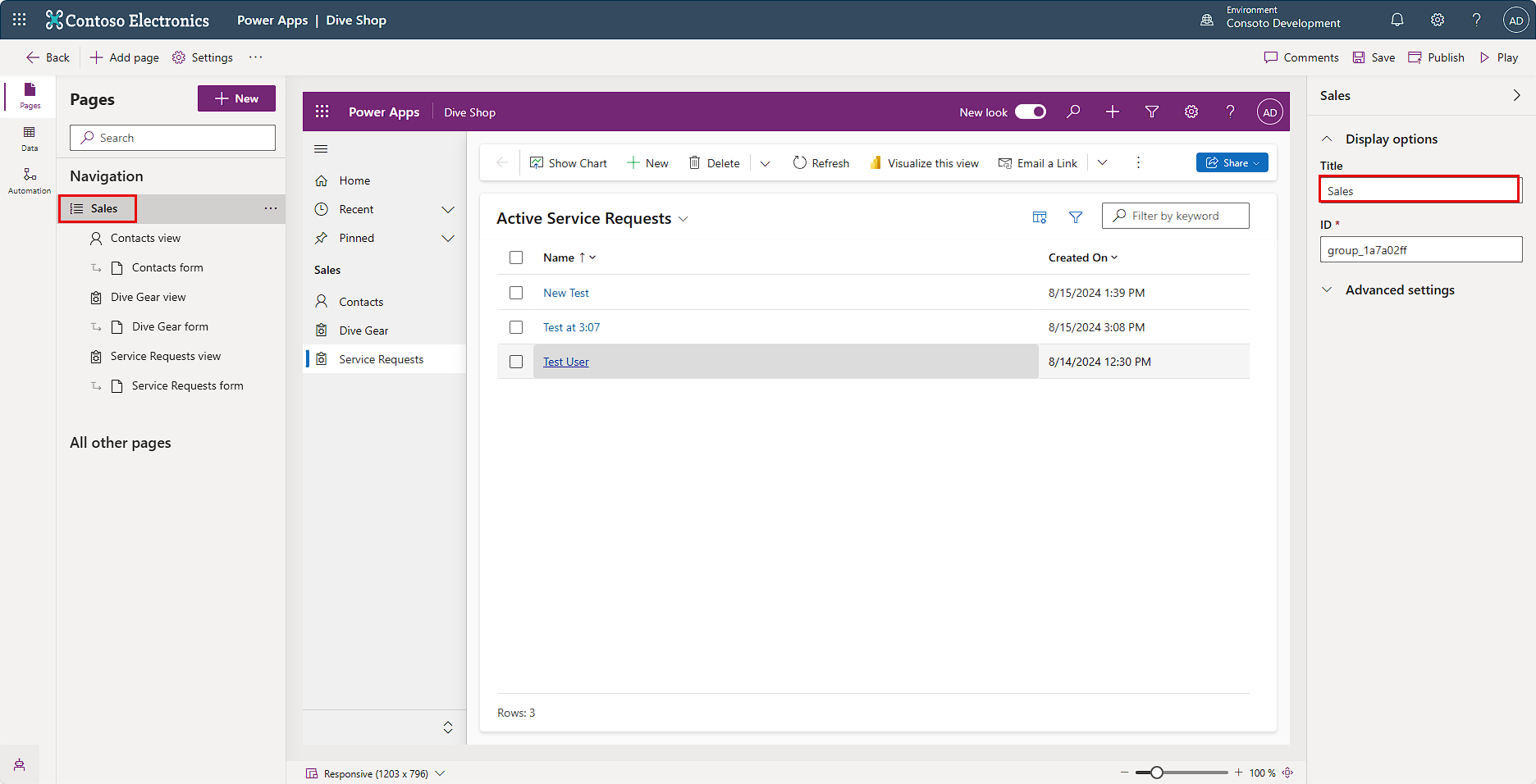 Screenshot of the Model-driven app depicting the navigation menu of Sales and showing Active Service Requests in the app screen.