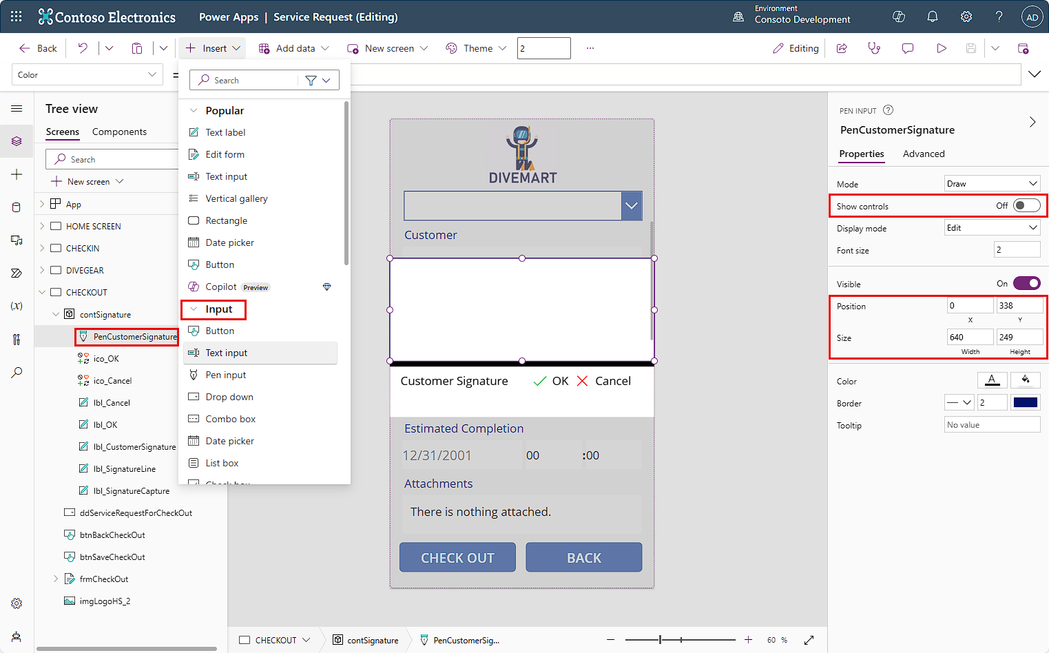 Screenshot of the canvas app studio. Focus is on the Pen input control and the properties of the control.