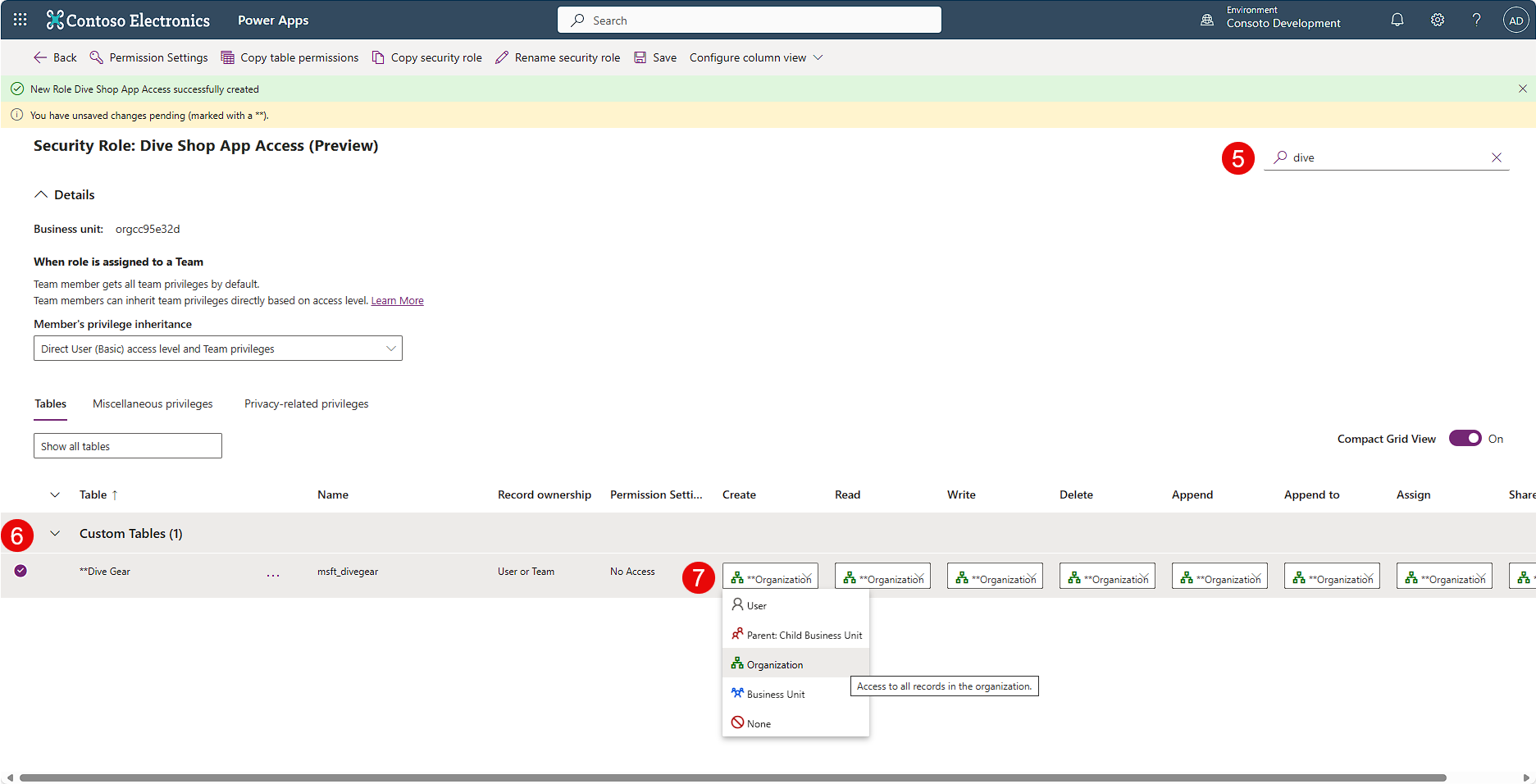 Screenshot of the role selected and the Save button.