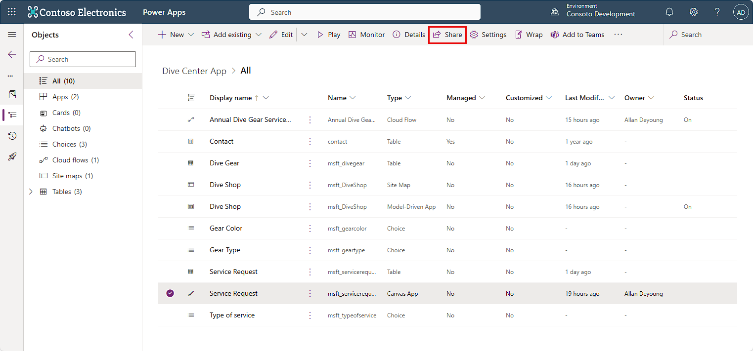 Screenshot of the Share option on the command bar for the app.