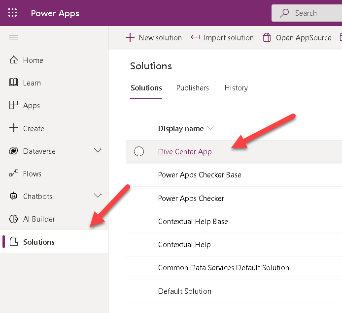 Screenshot of the Solutions area, with Dive Center App selected.