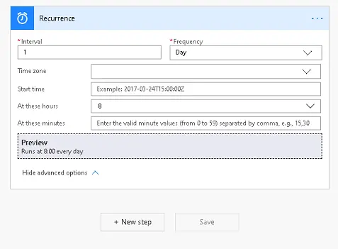 Recurrence settings. Required columns are Interval and Frequency.