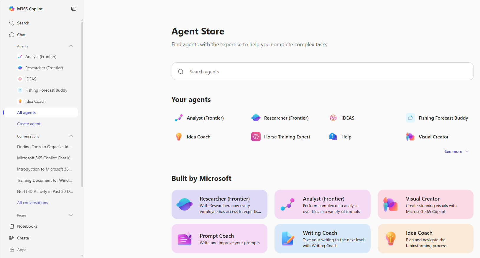 Screenshot of the Agent Store window, which appears when you select All agents in the navigation pane of the Microsoft 365 home page.