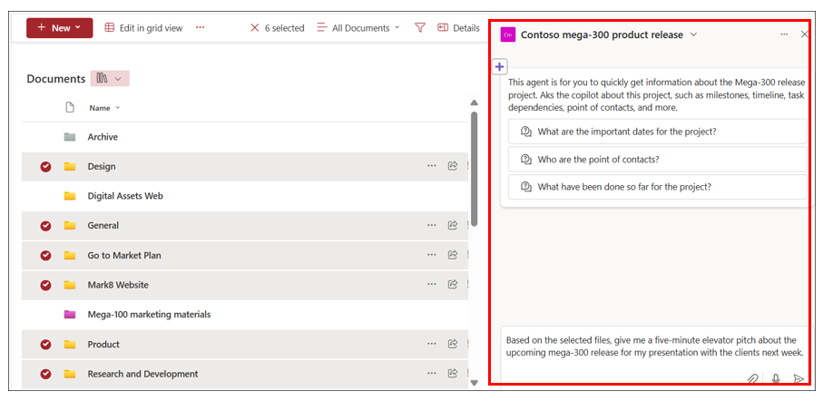 Screenshot showing selected files for a document library in SharePoint and the highlighted chat pane for an agent.