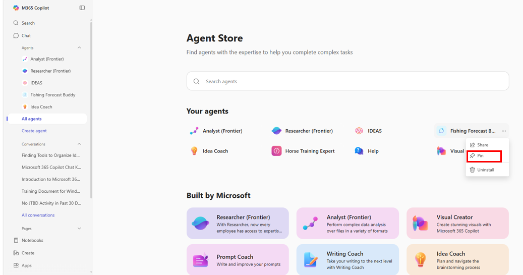 Screenshot of the Agent Store window showing the menu for an agent with the Pin option highlighted.