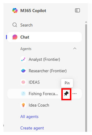 Screenshot of the Microsoft 365 navigation pane showing the menu for an agent with the Pin icon highlighted.