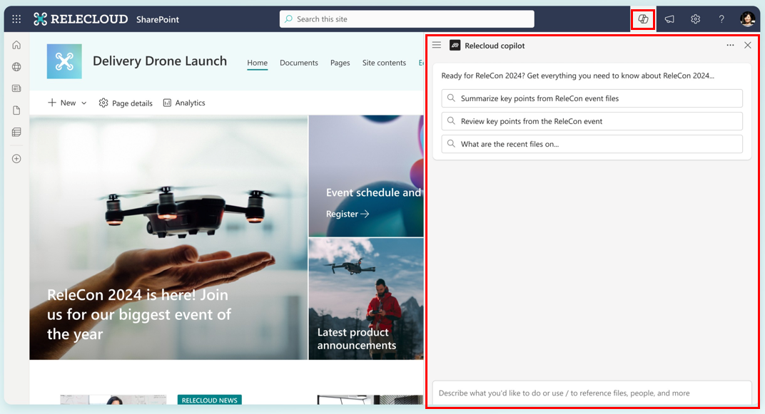 Screenshot of a SharePoint site with the Chat pane open for an agent and the Copilot button highlighted.