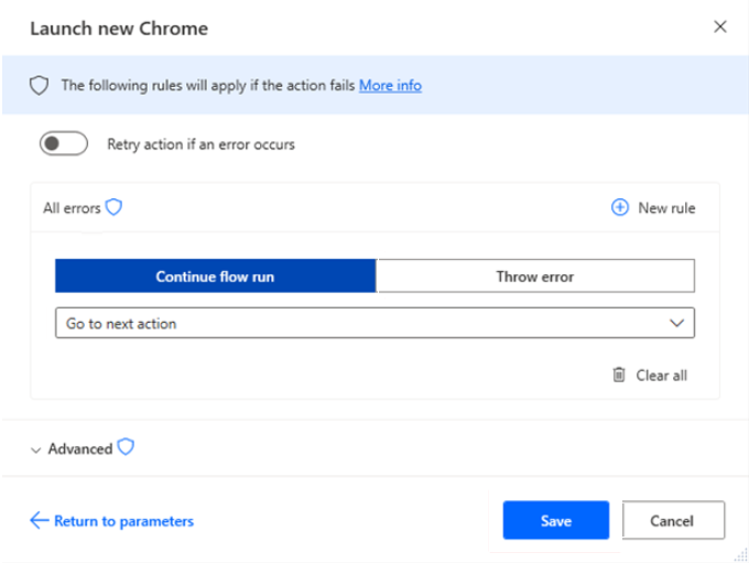 Select the Continue flow run and Go to next action options and then save the settings.