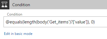 Screenshot of the Condition box shows the length of the list equals 0.