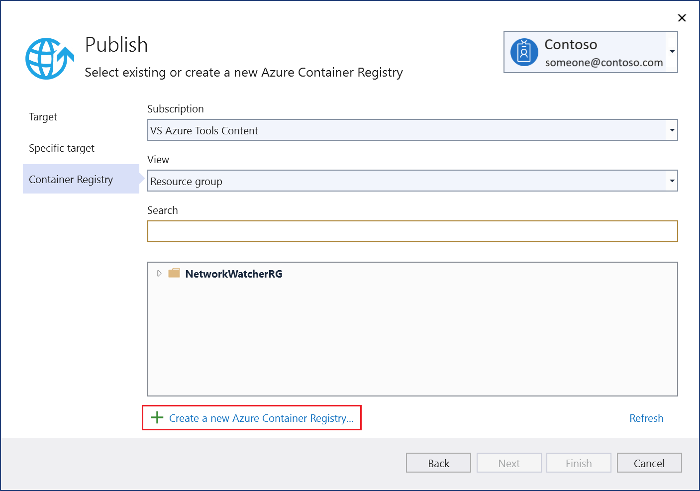 Screenshot of Publish dialog - choose Create New Azure container registry.