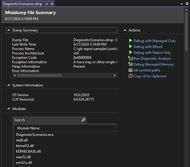 Screenshot showing Minidump summary page.