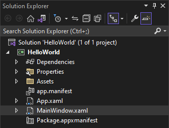 Screenshot of the Solution Explorer window showing the properties, references, assets, and files in the HelloWorld project, with the file MainWindow.xaml selected.