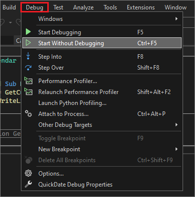 Screenshot that shows the Debug > Start without Debugging menu item.
