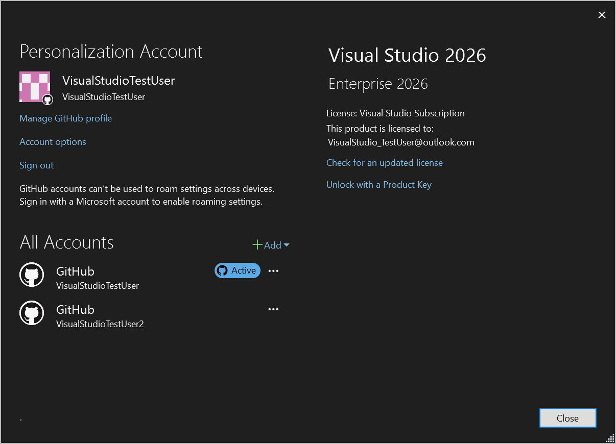 Screenshot showing multiple GitHub accounts on the Account settings dialog.