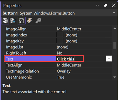 Screenshot that shows the Text field in the Properties window.
