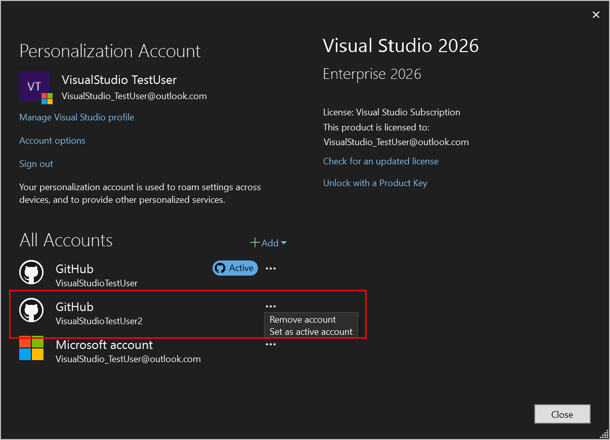 Screenshot showing setting a different active account using Account Settings.