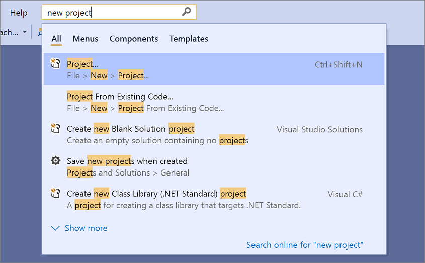 Screenshot that shows search results for 'new project'.