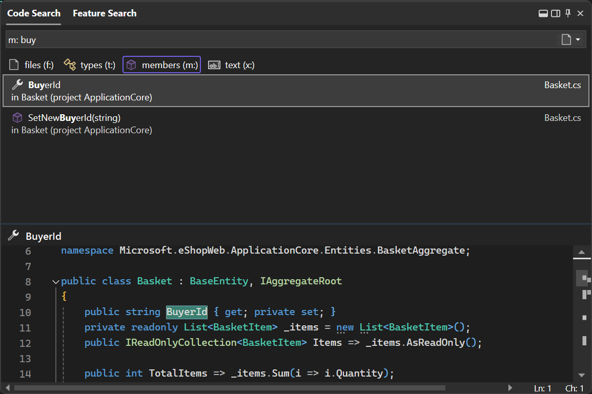 Screenshot of the All-In-One Search experience in Visual Studio 2022 version 17.6 or later.