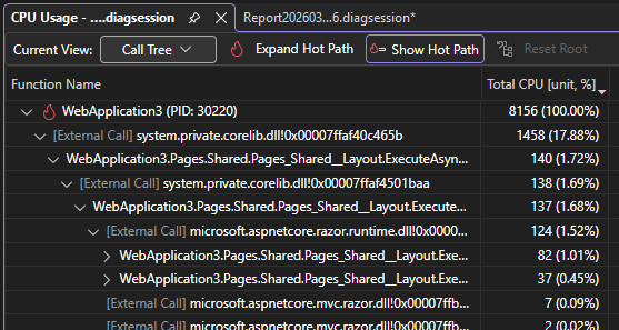 Nested external code in the call tree Screenshot that shows nested external code in the call tree.