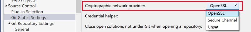 Screenshot that shows 'Cryptographic network provider' highlighted with 'OpenSSL' selected from the drop-down.