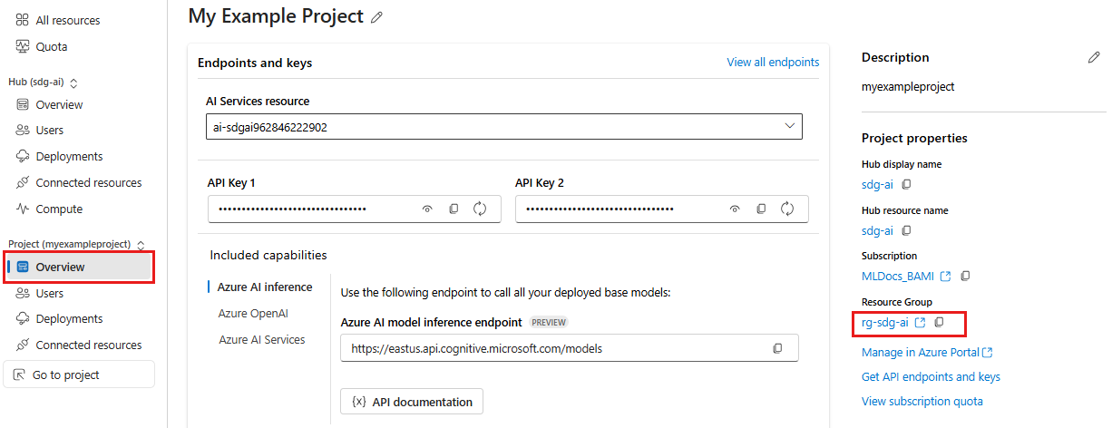 Képernyőkép az Azure AI Studióban található erőforráscsoportról.