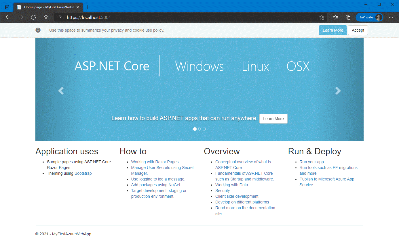 Képernyőkép a Visual Studio Code -ASP.NET Framework 4.8-ról a helyi böngészőben.