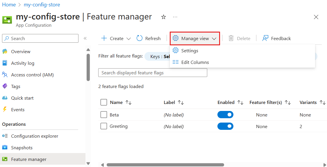 Képernyőkép az Azure-platformról. A funkciójelző oszlopainak szerkesztése.