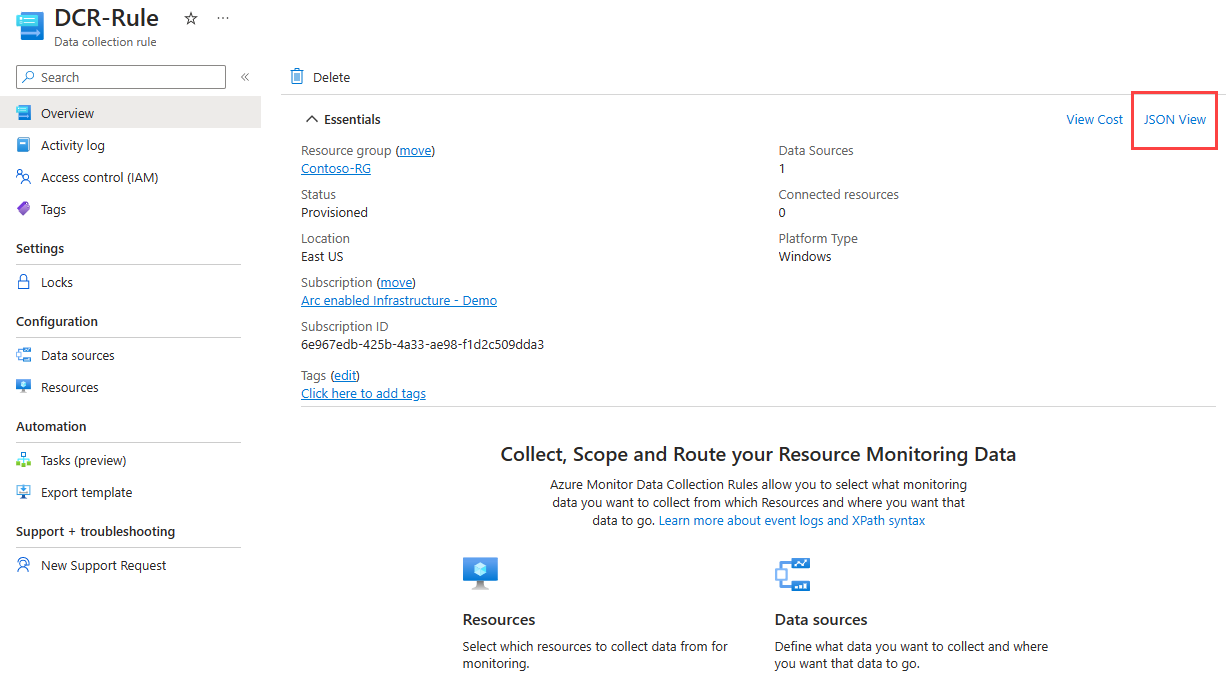 Képernyőkép egy adatgyűjtési szabály Áttekintés ablakáról, amely a JSON nézet gombját emeli ki.