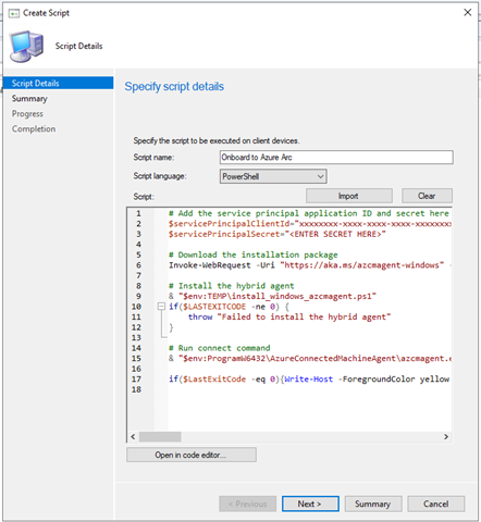 Képernyőkép a Szkript létrehozása képernyőről a Configuration Managerben.
