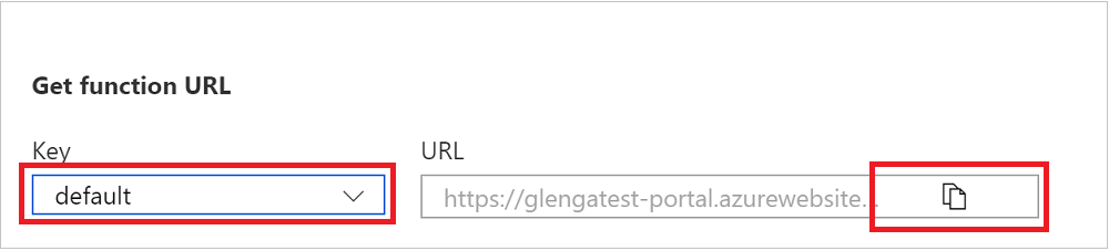 Képernyőkép: A függvény URL-címének másolása ablak az Azure Portalról.