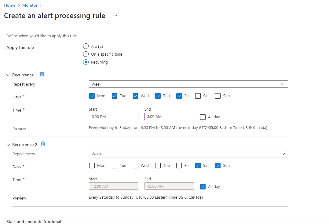 Screenshot that shows the Scheduling tab of the alert processing rules wizard with a recurring rule.