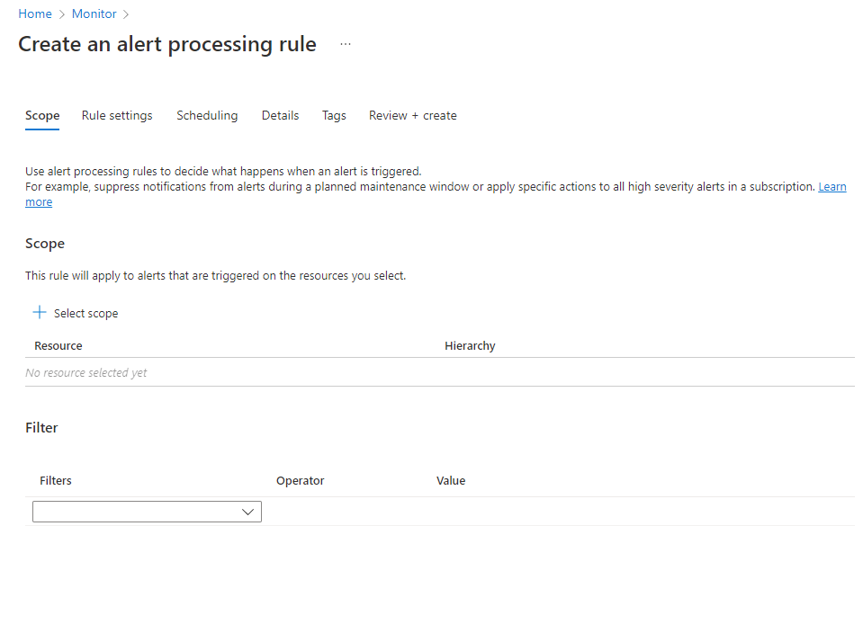 Screenshot that shows the Scope tab of the alert processing rules wizard.