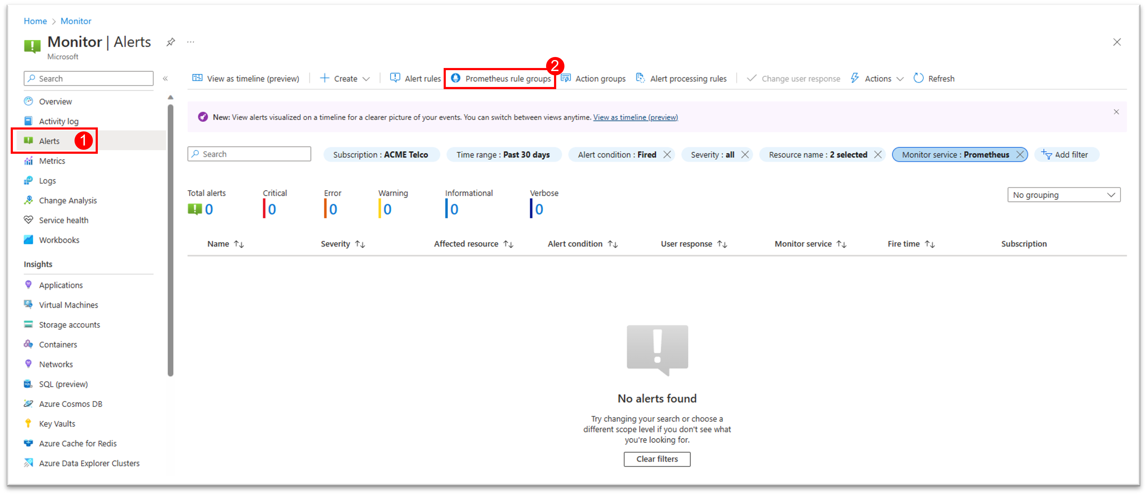 Screenshot that shows how to reach Prometheus rule groups from Azure Monitor alerts screen.